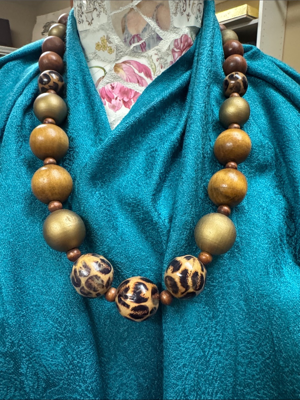 Wooden Bead Statement Necklace - Leopard Accent